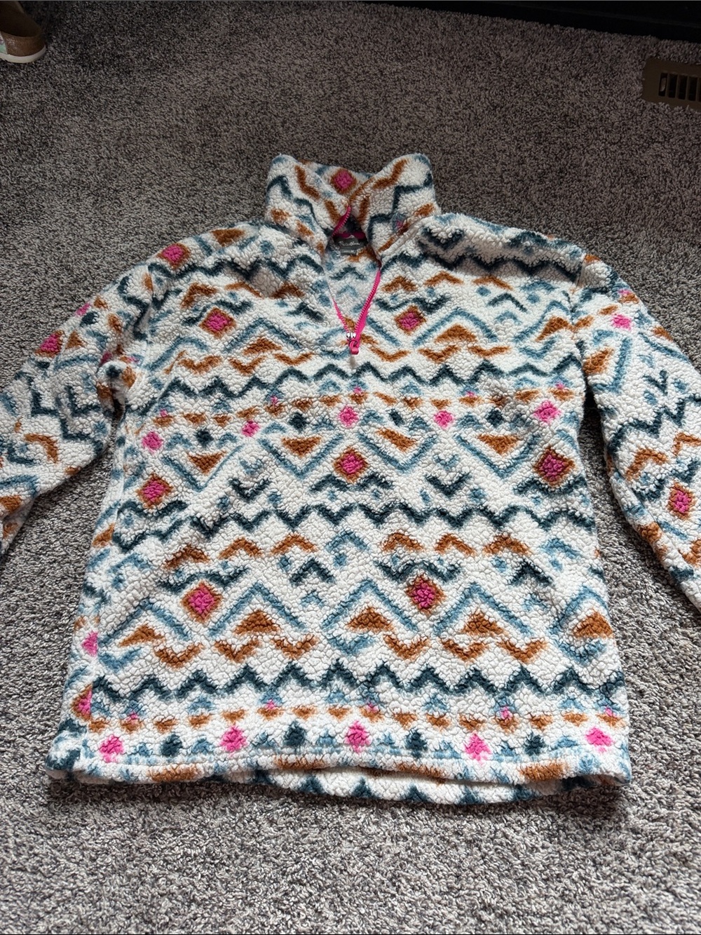 Eddie Bauer Cream Sherpa Pullover with Teal, Brown & Pink Aztec Pattern